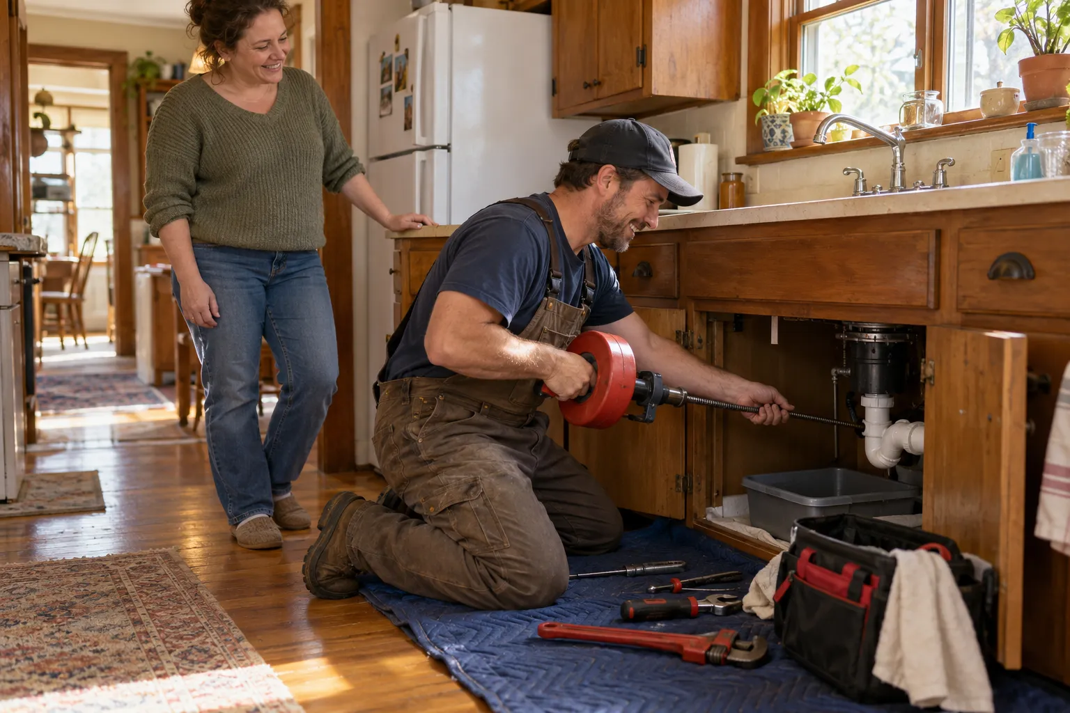 Friendly local plumber clearing a kitchen drain in a St. Paul home