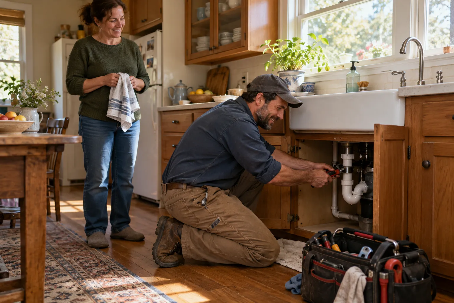 A friendly local plumber checking a pipe under a kitchen sink in a St. Paul home