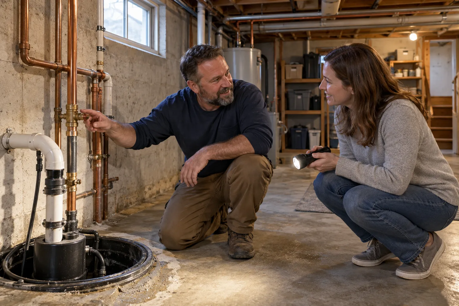 A homeowner talking with a local plumbing provider in a basement in St. Paul