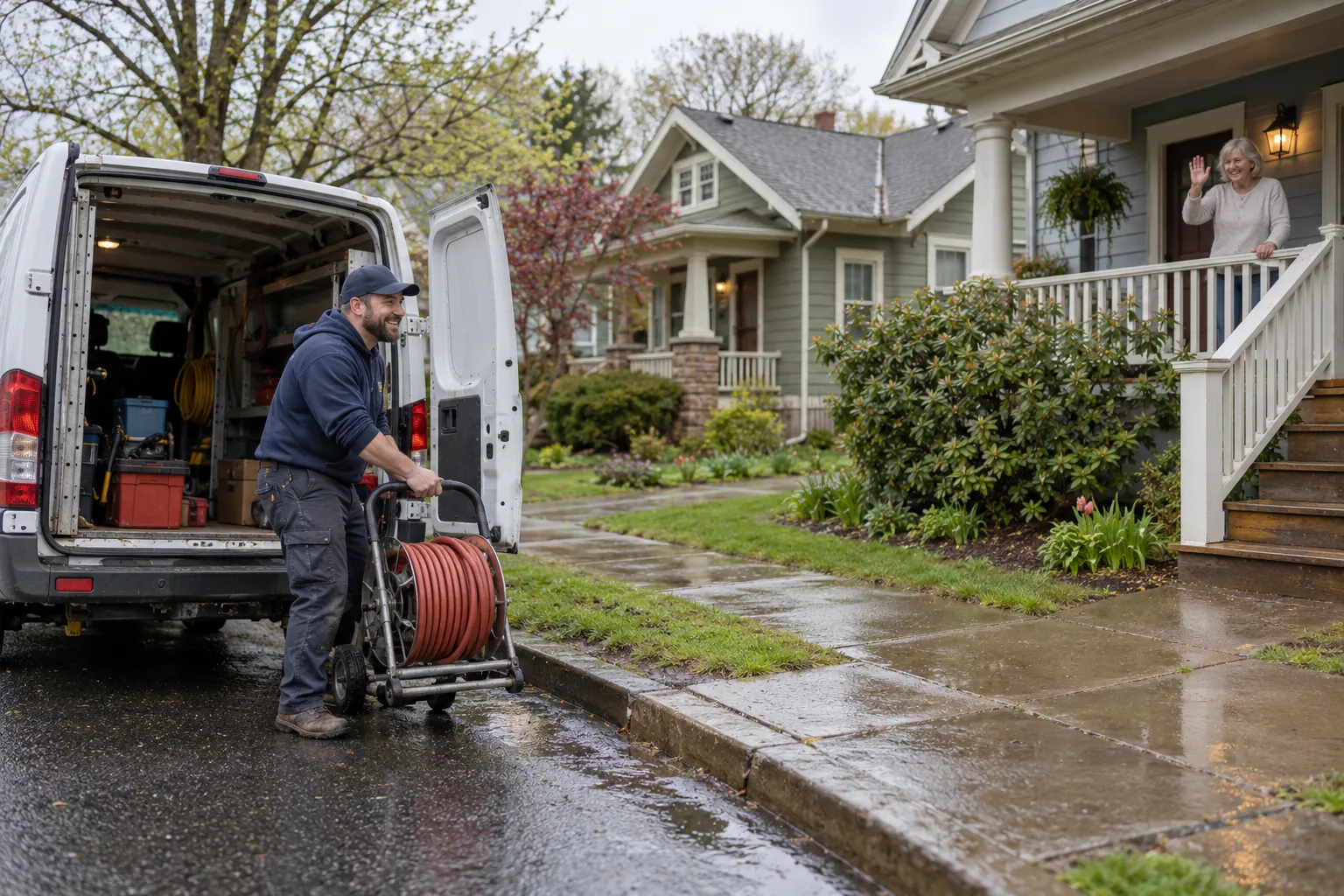 A frame house with a front yard in St. Paul, where a plumbing provider has just arrived